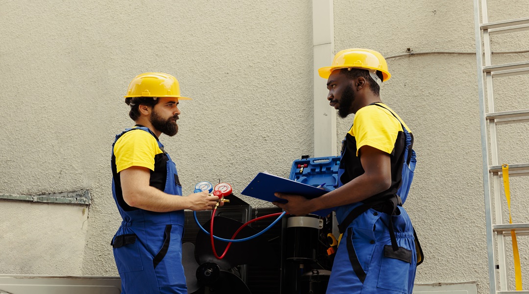 Electricians refilling refrigerant